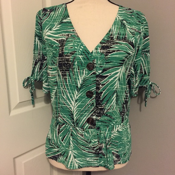 HAZEL/ANTHROLPOLOGIE V-neck Jungle Palm Peplum Top - Picture 1 of 8